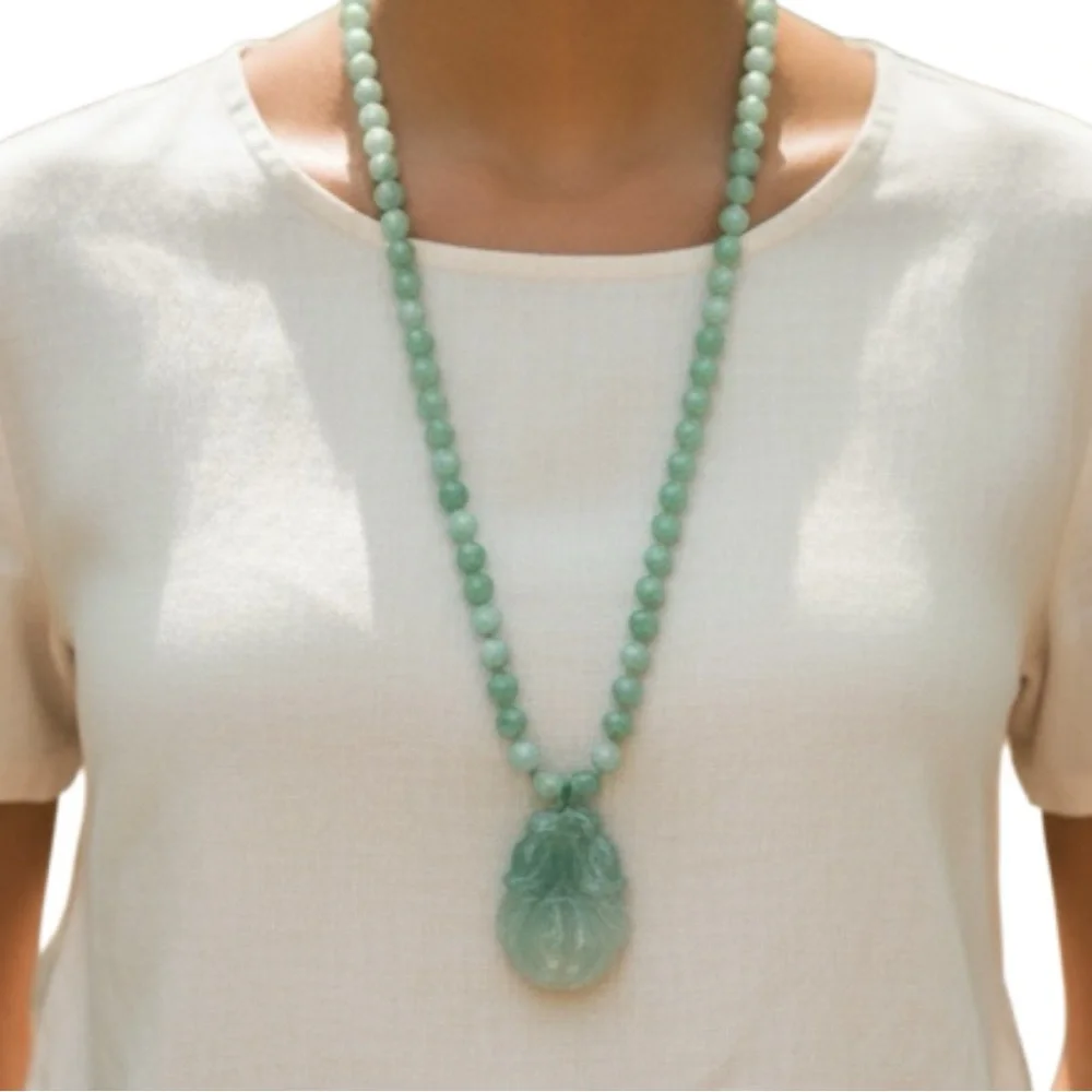 VTG Estate Pendant Necklace Apple Green Jade Hand Carved Floral Hong Kong 26” - Picture 3 of 11